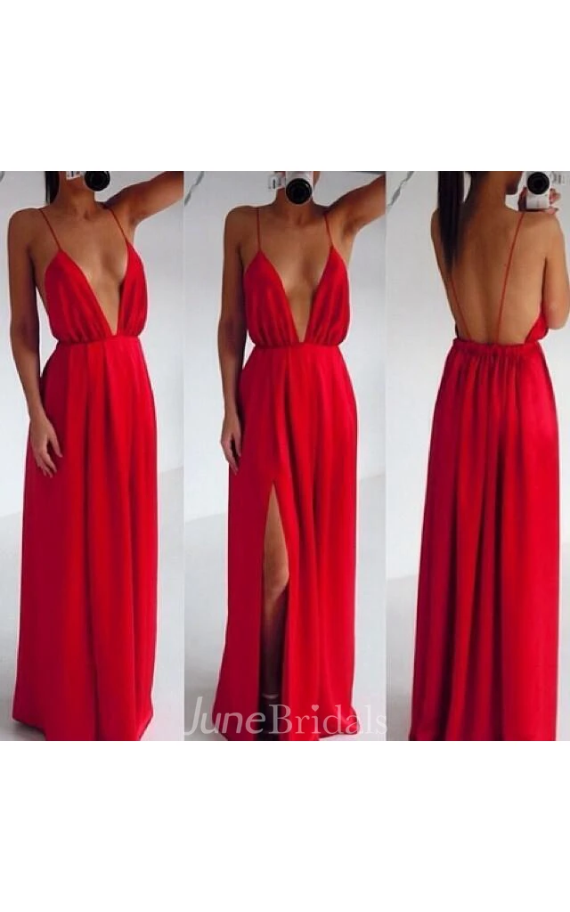 Sexy Red Spaghetti Straps Prom Dress Long Deep V-Neck