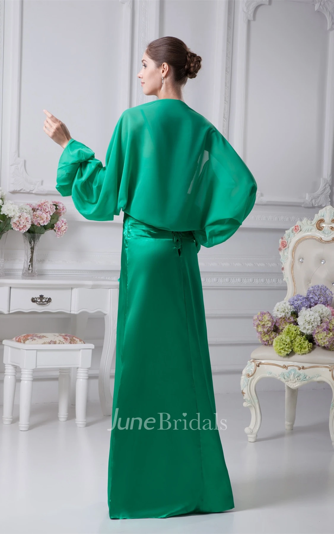 Spaghetti-Strap Ruched Satin Gown with Bolero and Crystal Detailing