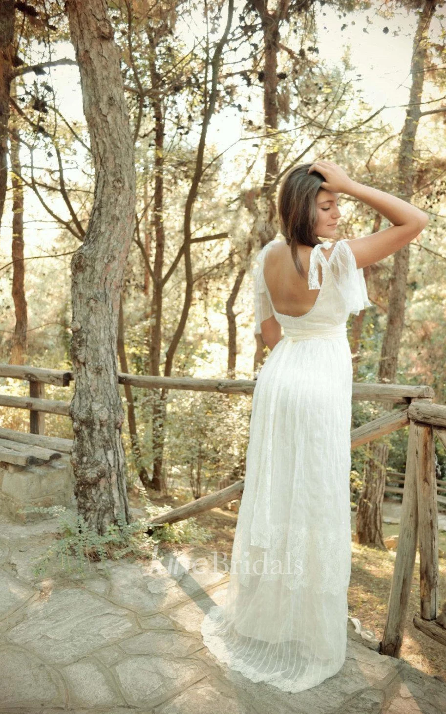 Boho Empire Backless Long Organza Wedding Dress With Sash And Scoop Neck