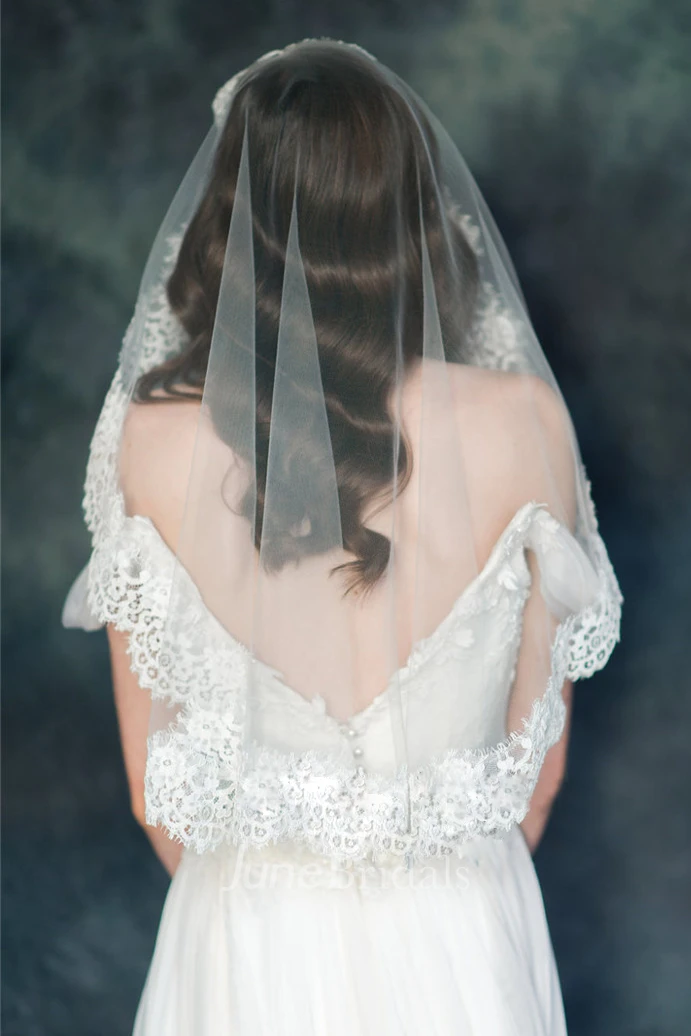 Short Cute Wedding Veil with Lace Appliques