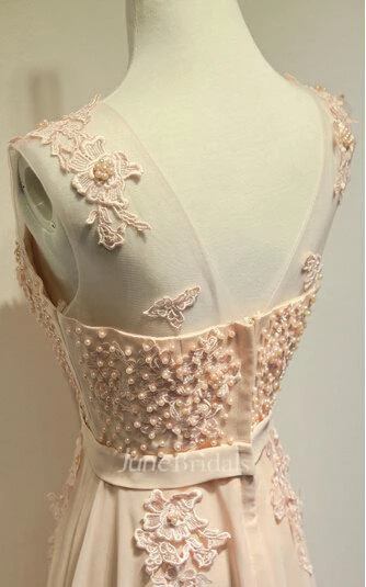 Equisite Cap-sleeve Chiffon Dress With Beading And Appliques