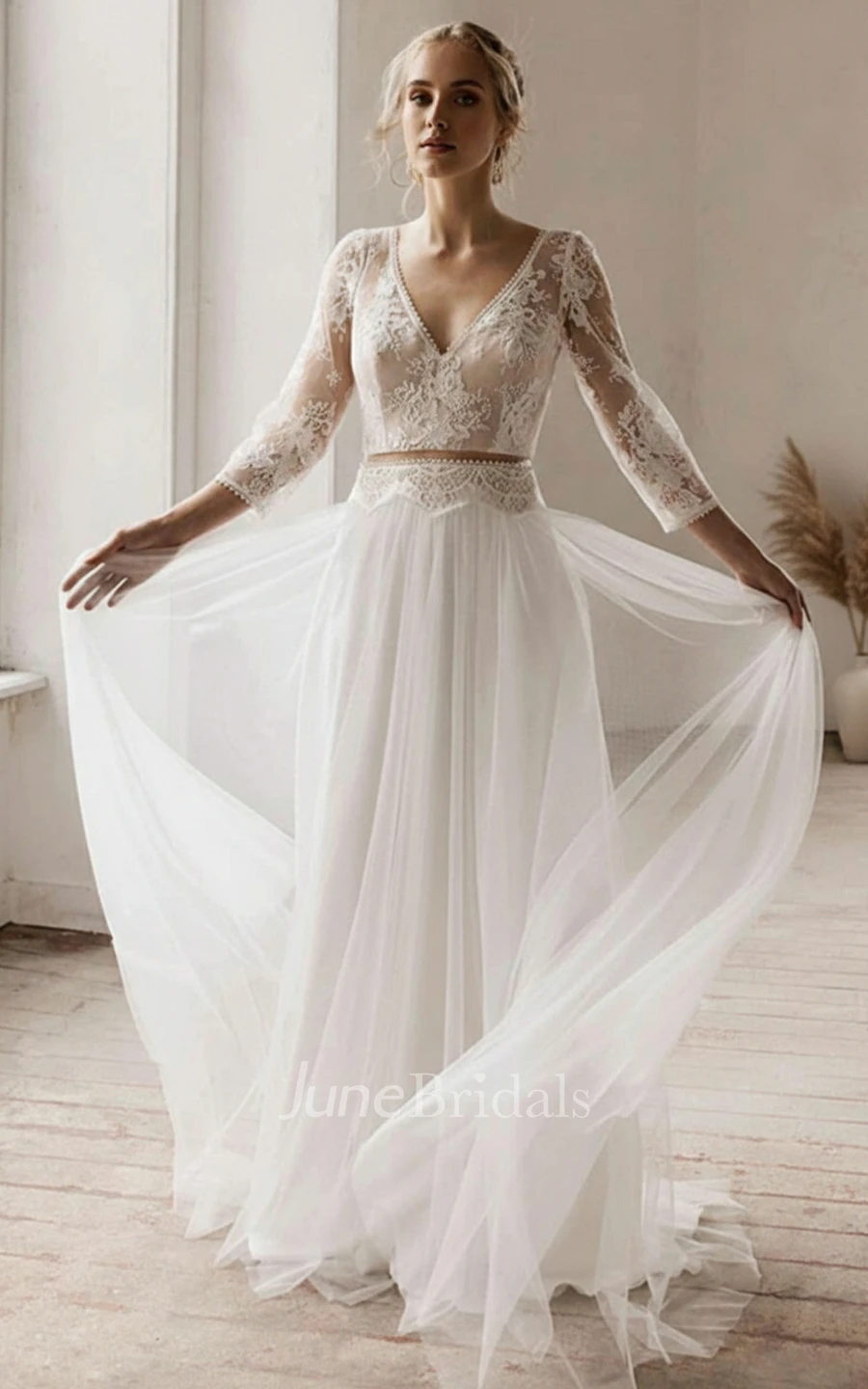 Boho Lace A-Line Wedding Dress 3/4 Sleeves V-Neck Beach Elopement Gown