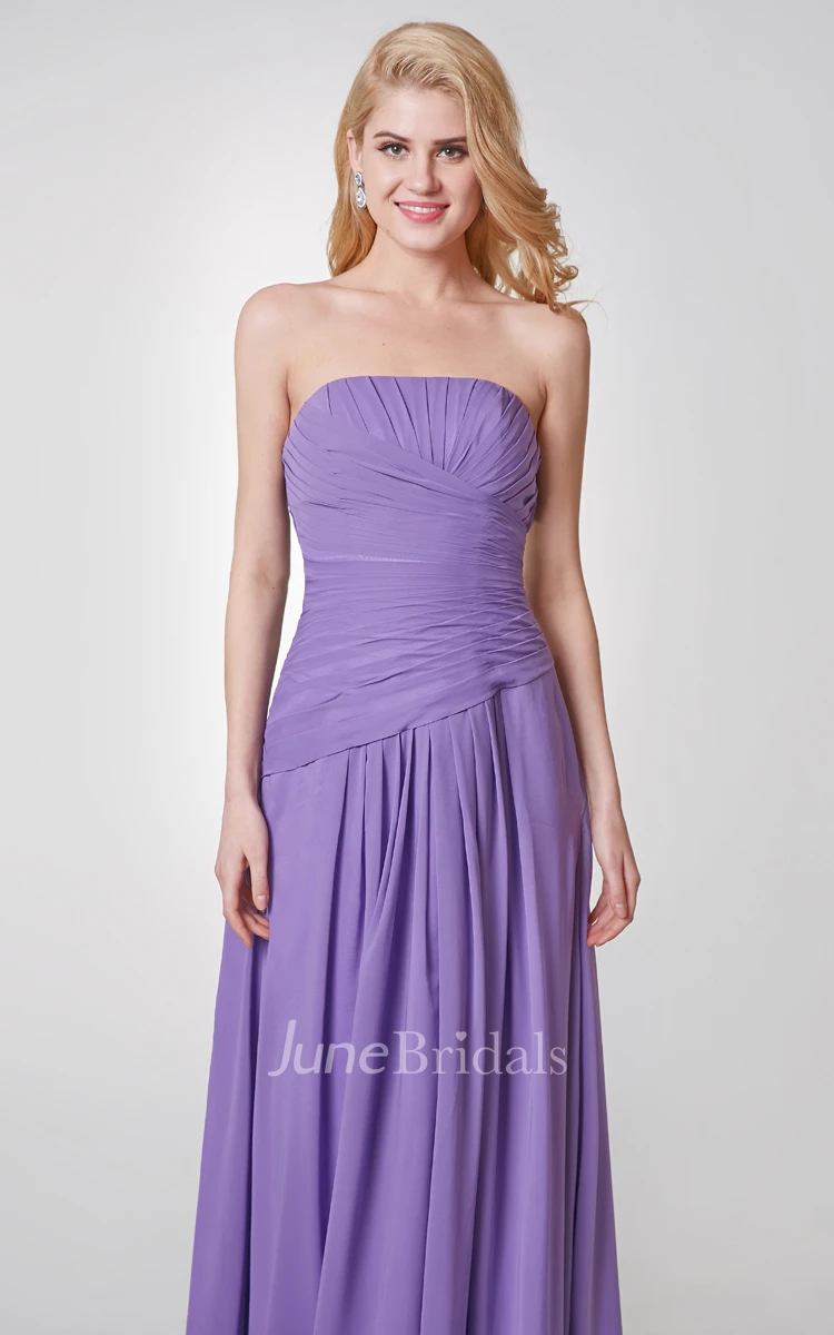 Strapless A-line Long Pleated Chiffon Dress With Ruched Waist