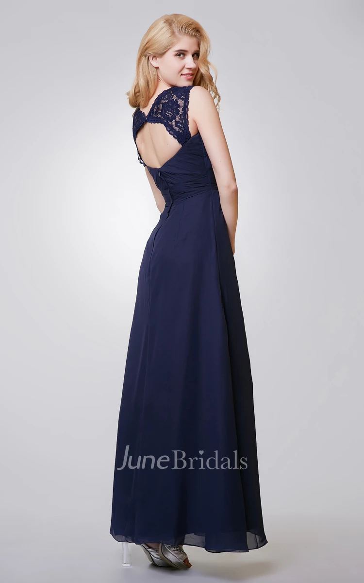 A-Line Long Chiffon Ruched Dress With Key-hole