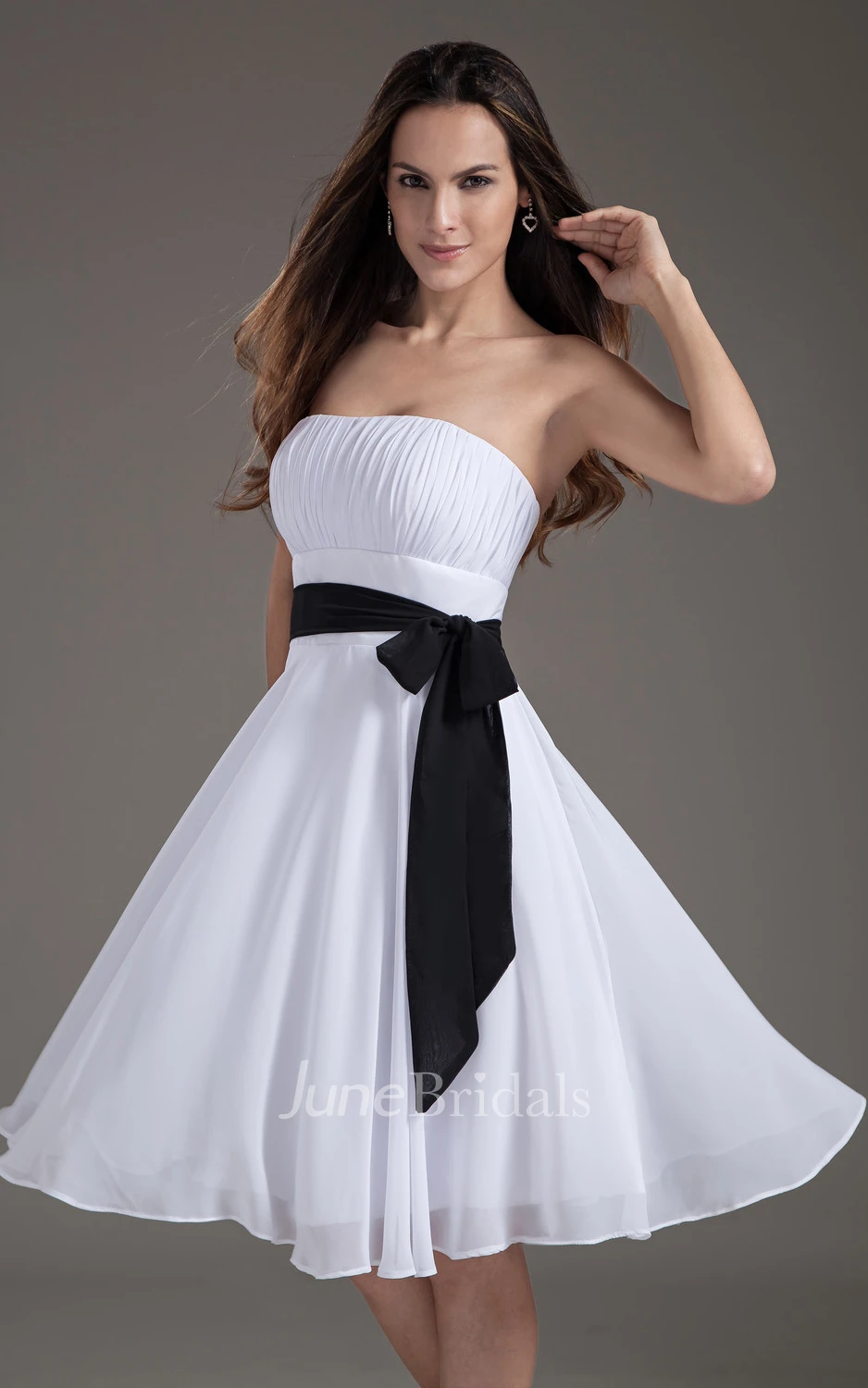 Strapless Midi Chiffon Dress With Bow And Sash