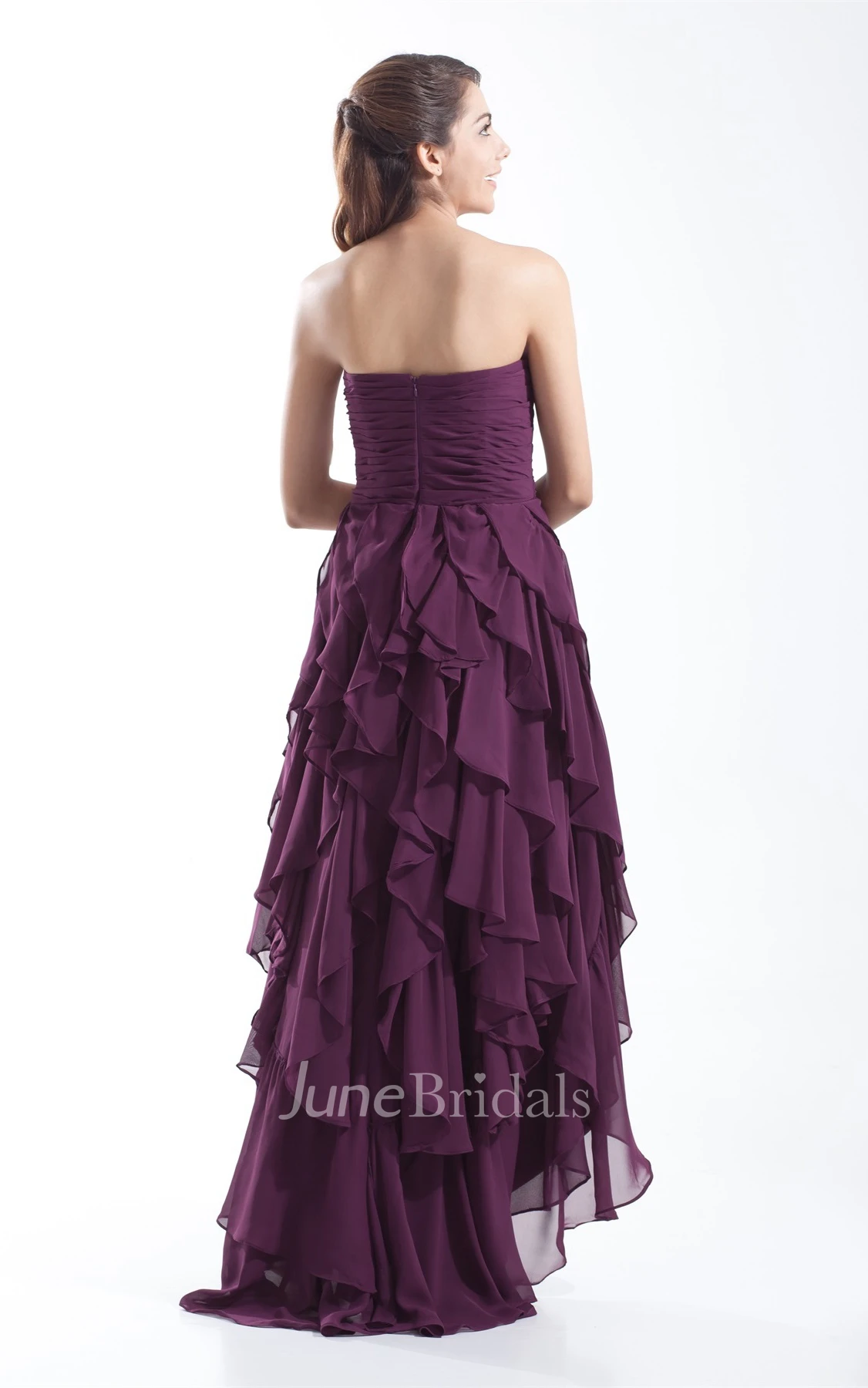 chiffon ruched high-low dress with cascading ruffles and beading