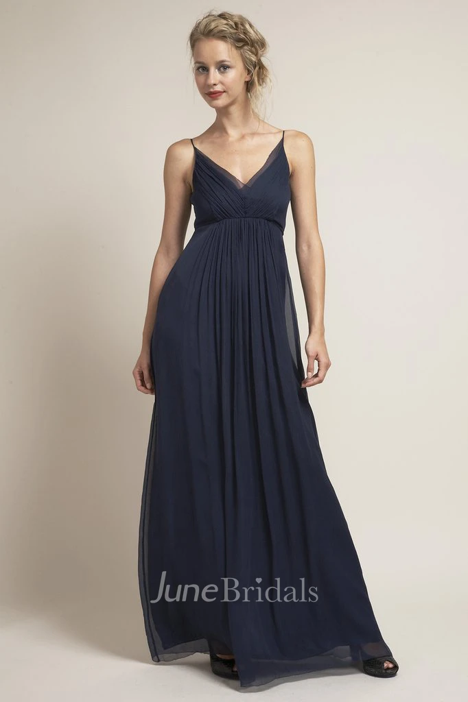 Sleeveless Bowed Spaghetti Chiffon Bridesmaid Dress With Low-V Back