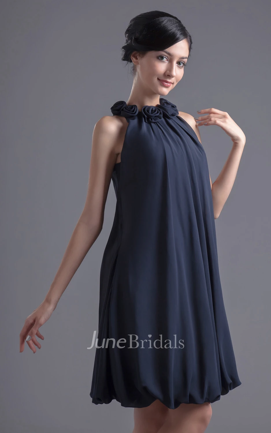 Gossamery Short Chiffon Pleated Dress With Floral Neckline