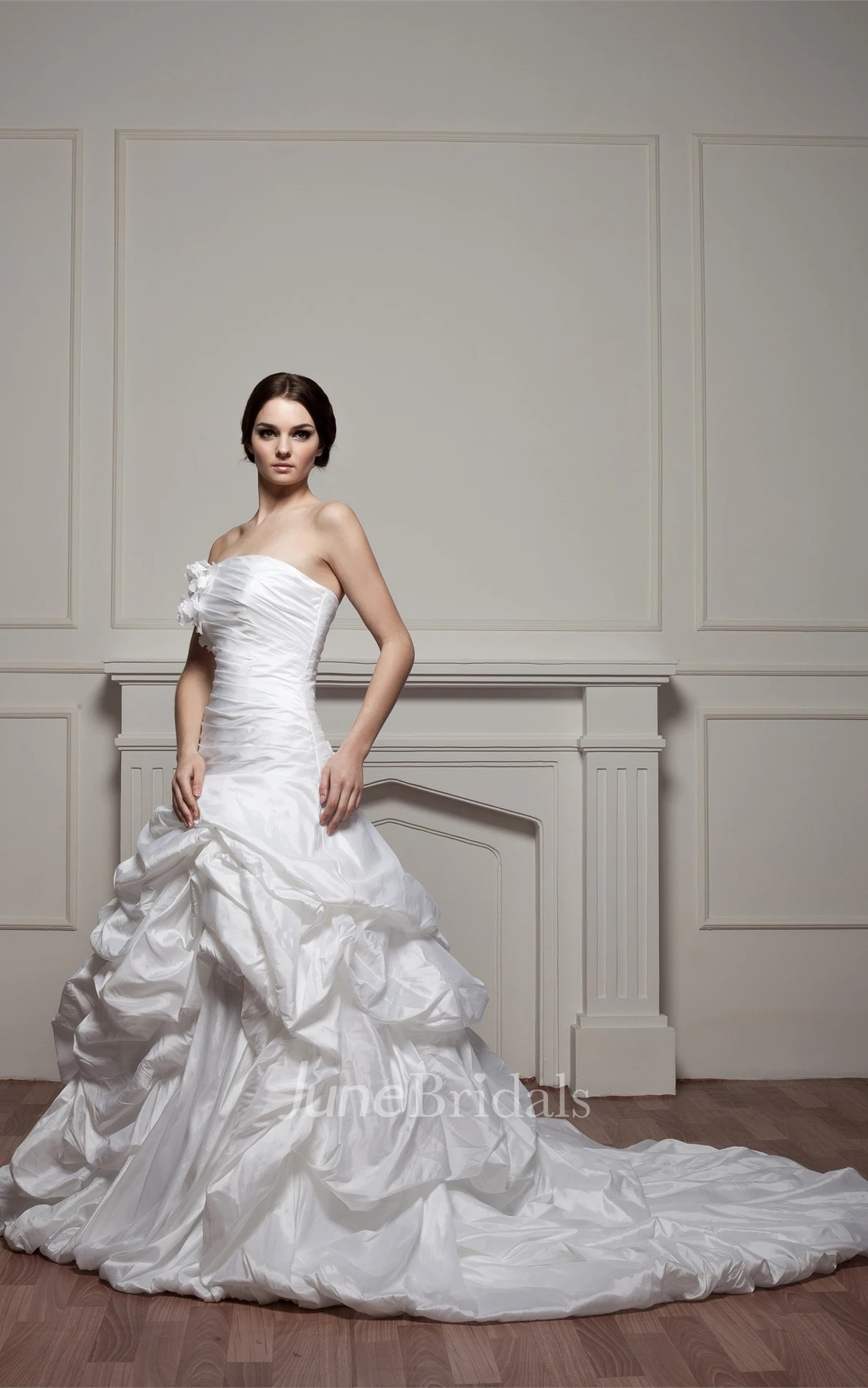 Strapless Ruched Pick-Up Gown with Flower and Ruched Bodice