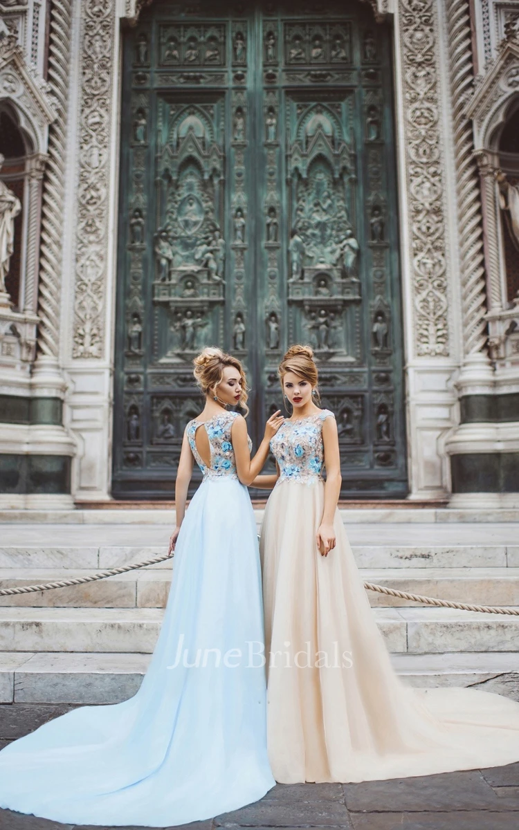 Short-Sleeve Pleated Long-Train A-Line Keyhole Appliqued Dress