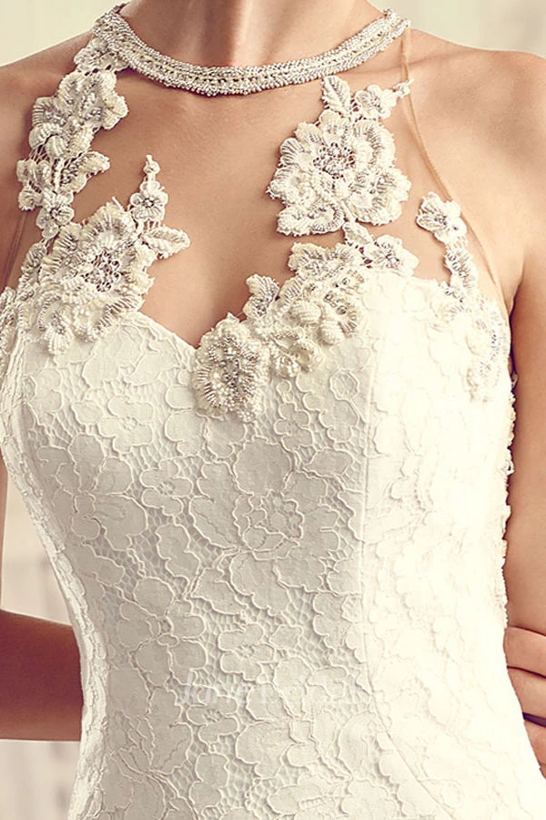 High Neck Long Appliqued Lace Wedding Dress With Court Train And Keyhole