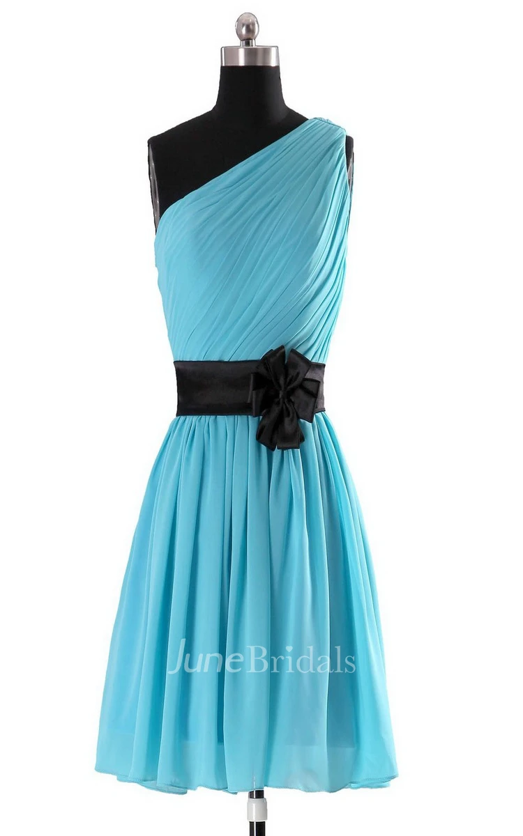 One-shoulder A-line Chiffon Dress With Floral Sash