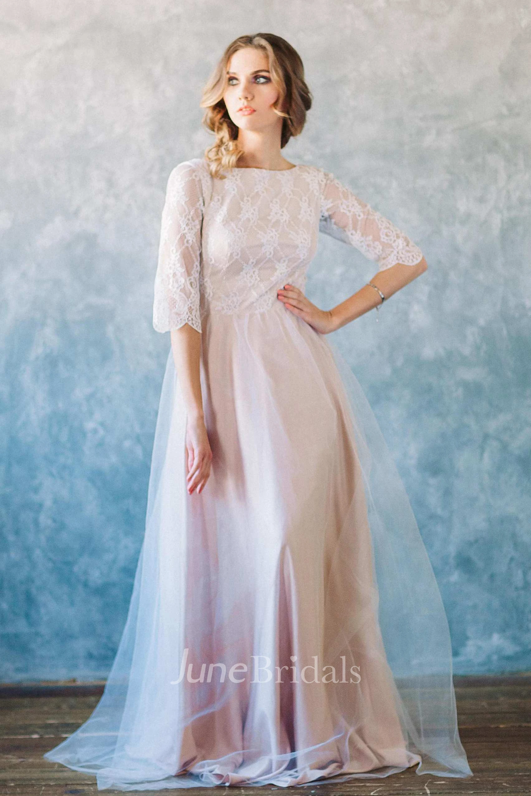 Bateau Half Sleeve Tulle Long Dress With Lace Top