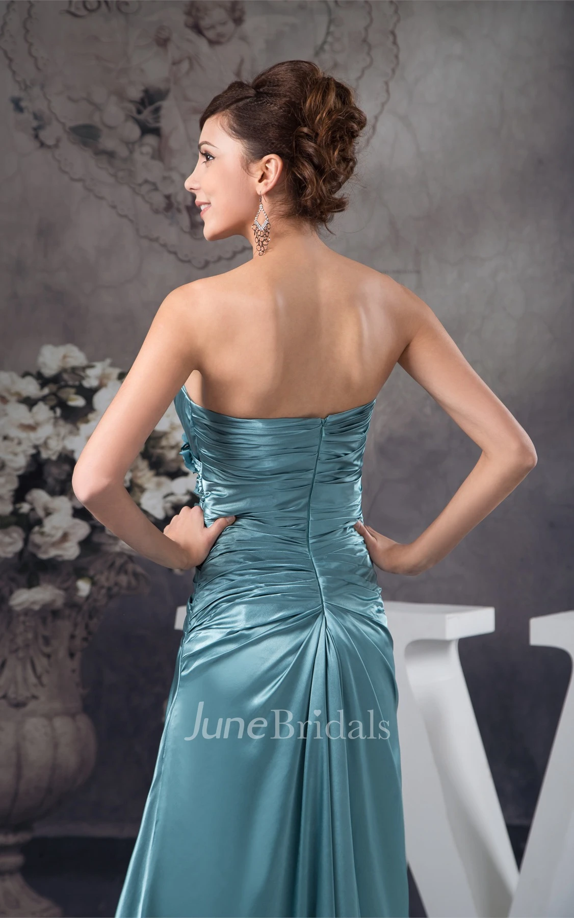 Strapless Criss-Cross Floor-Length Gown with Flower