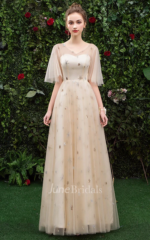 Elegant Tulle Bateau High Neck Off-the-shoulder A Line Prom Dress With Sequins