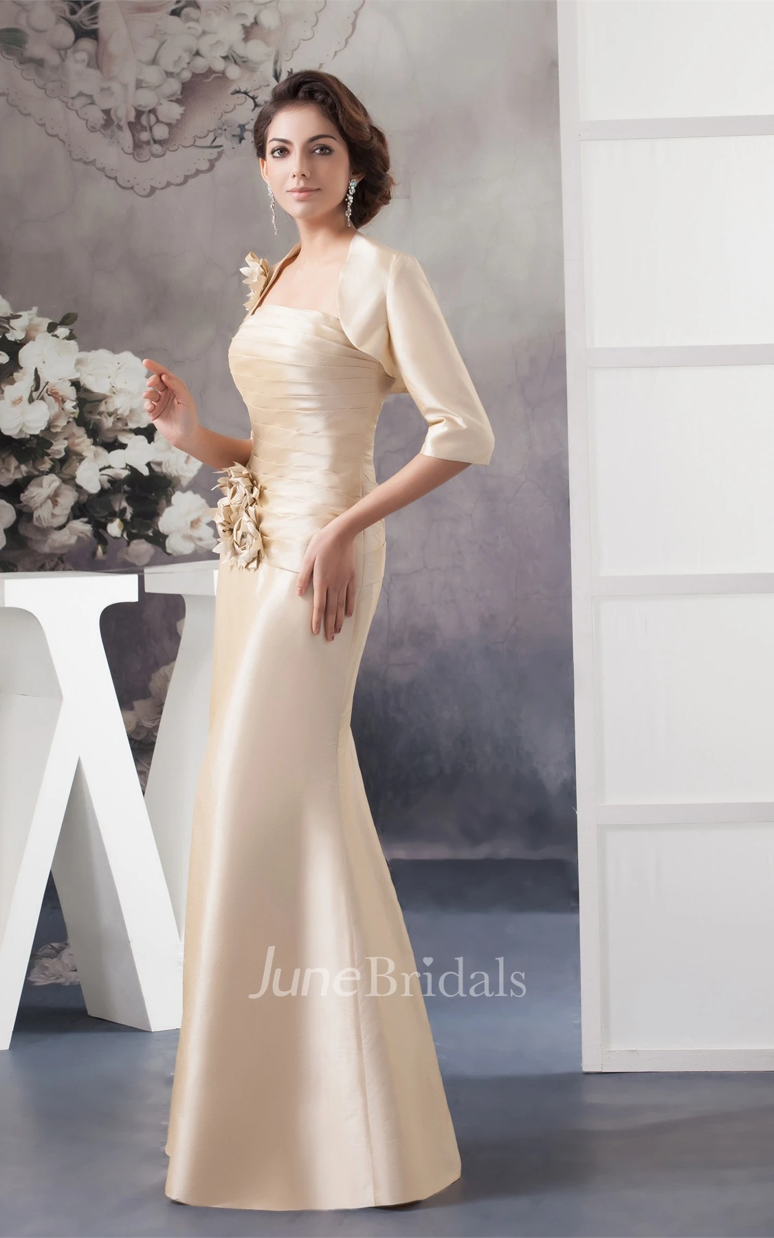 Strapless Ruched Sheath Dress with Flower and Bolero