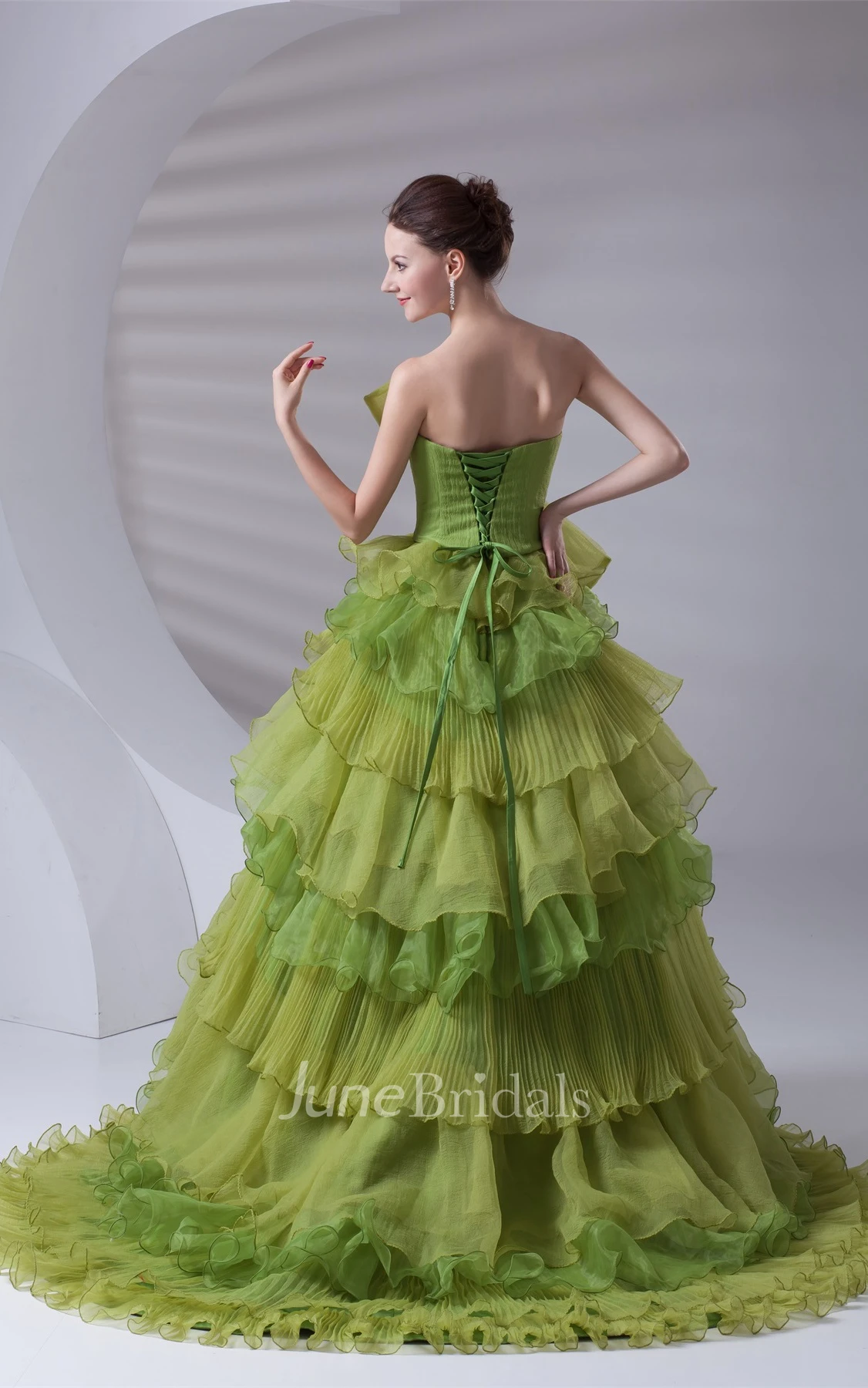 Strapless Tiered A-Line Ball Gown with Ruffles and Bow
