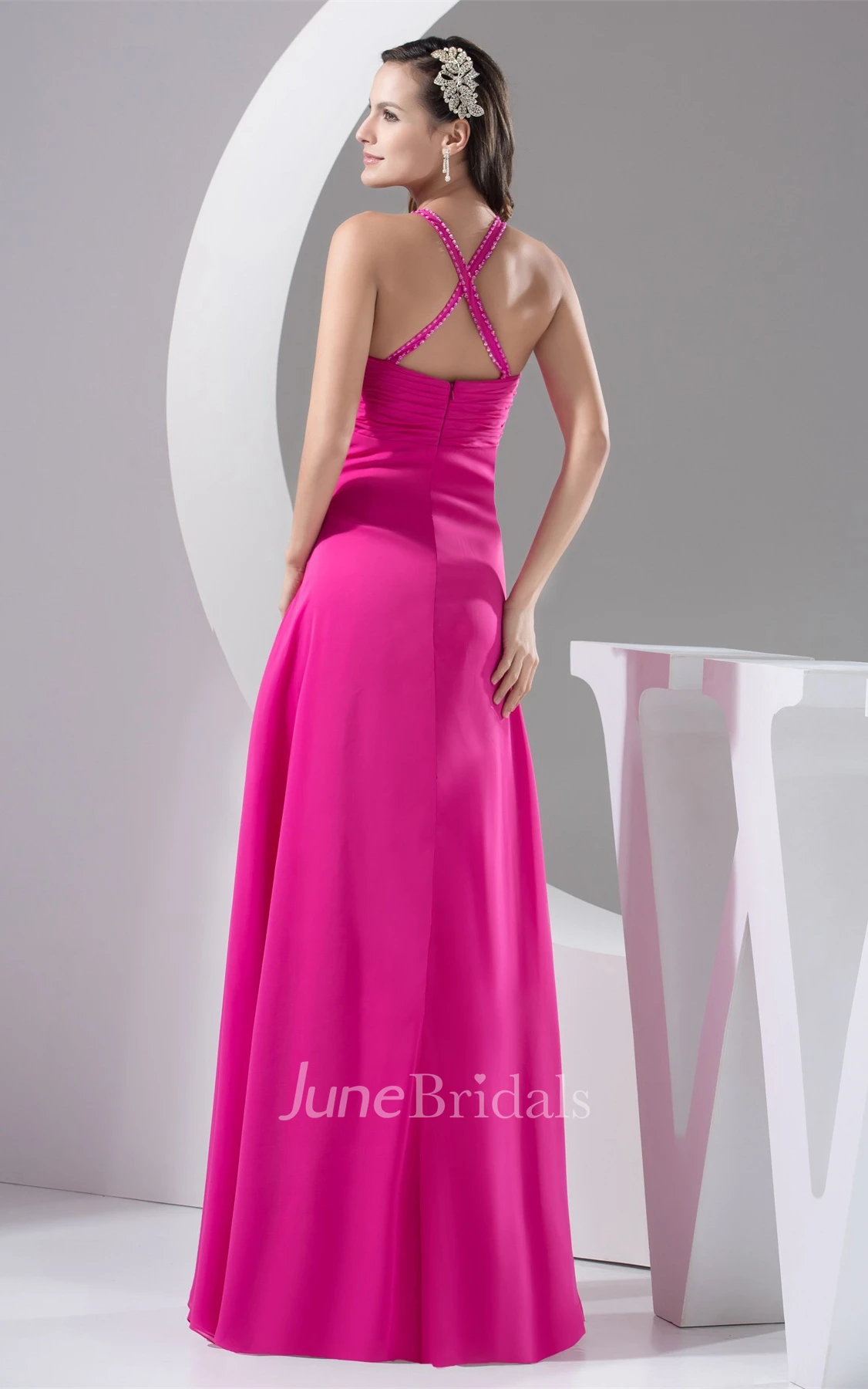 Plunged Criss-Cross Chiffon Maxi Dress with Beading and Broach