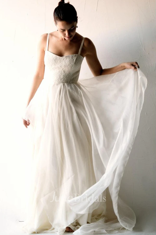 Spaghetti Sleeveless A-Line Chiffon Wedding Dress With Lace Top