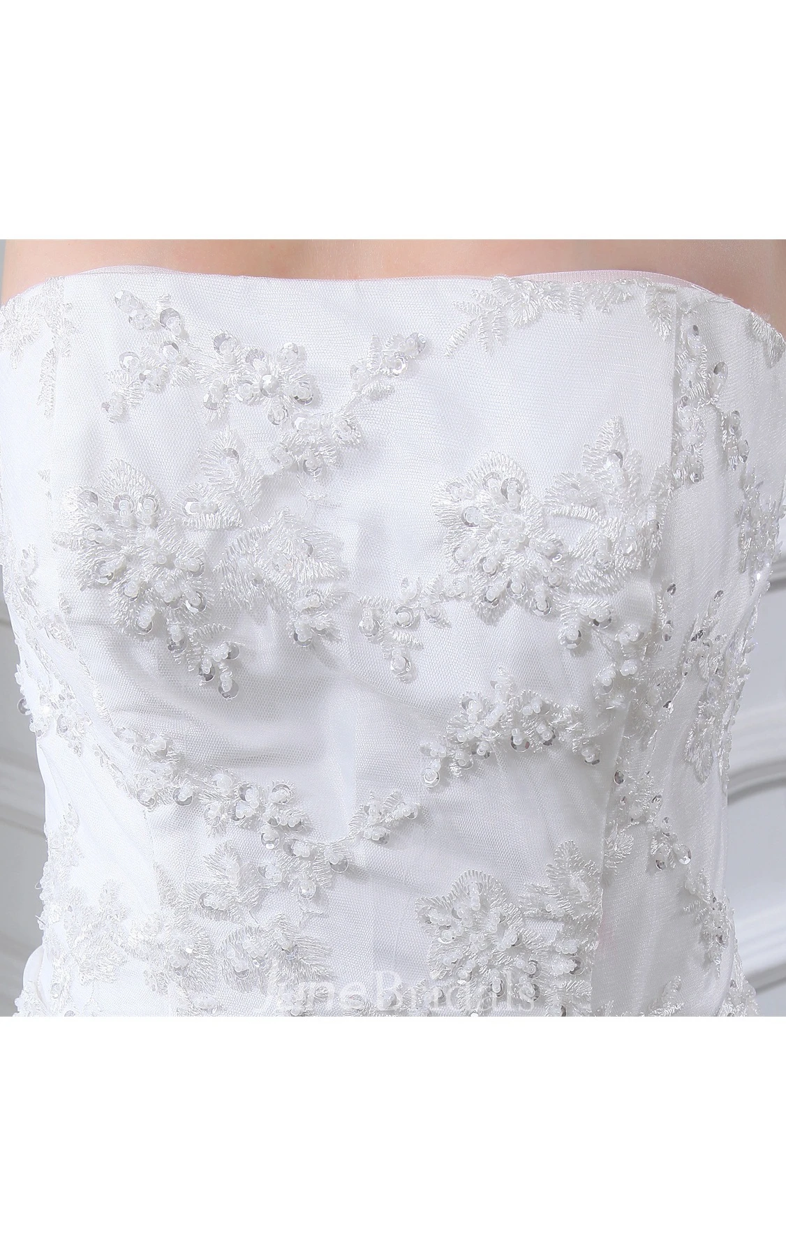 Strapless Appliqued Ball Gown with Ruching and Side Draping