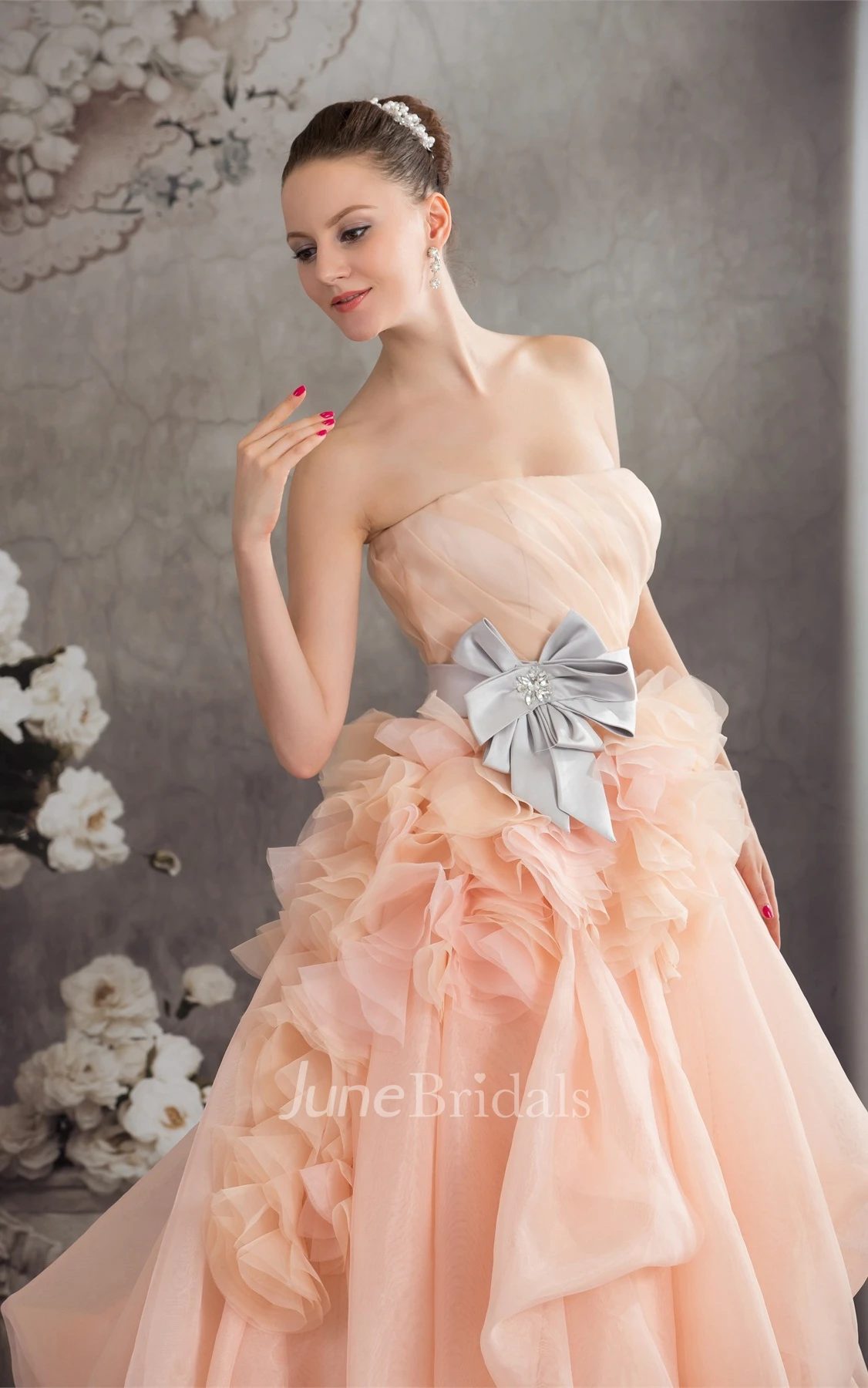 Strapless Ruched Pick-Up Gown with Ruffles and Bow
