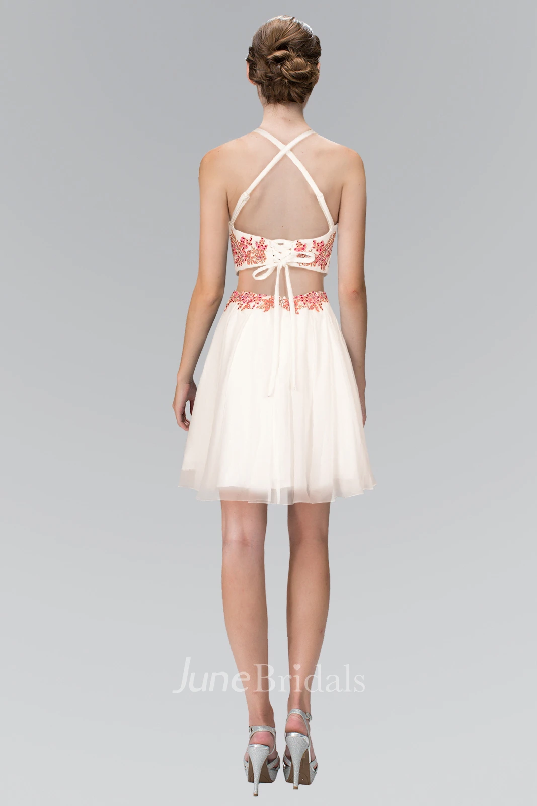 Illusion A-Line Short Jewel-Neck Sleeveless A-Line Lace-Up Dress With Appliques
