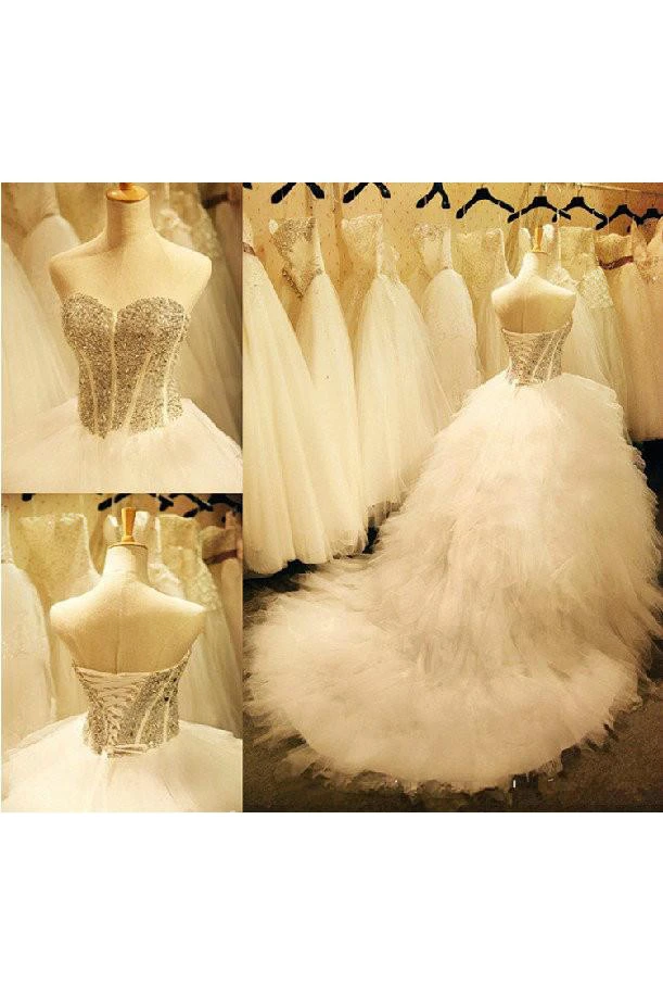 Newest Crystals Ruffles Wedding Dress Sweetheart Sleeveless Lace-up