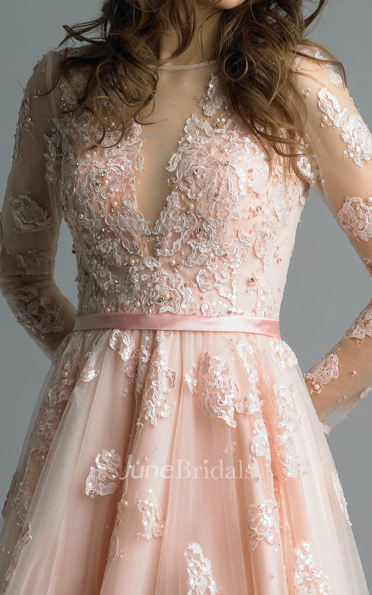 High-Neckline Tulle Floor-Length A-Line Zipper Long-Sleeve Dress