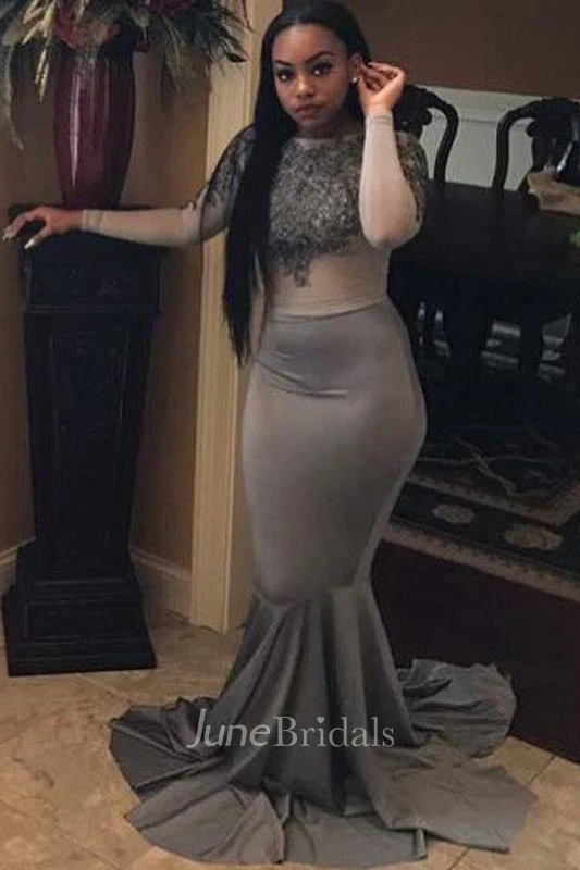 Mermaid Scoop Long Sleeves Applique Court Train Satin Plus Size Dress