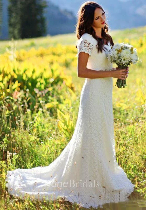 Vintage Country Modest Cap Sleeve Bohemian Crochet Lace A-line Wedding Dress with Beaded Belt