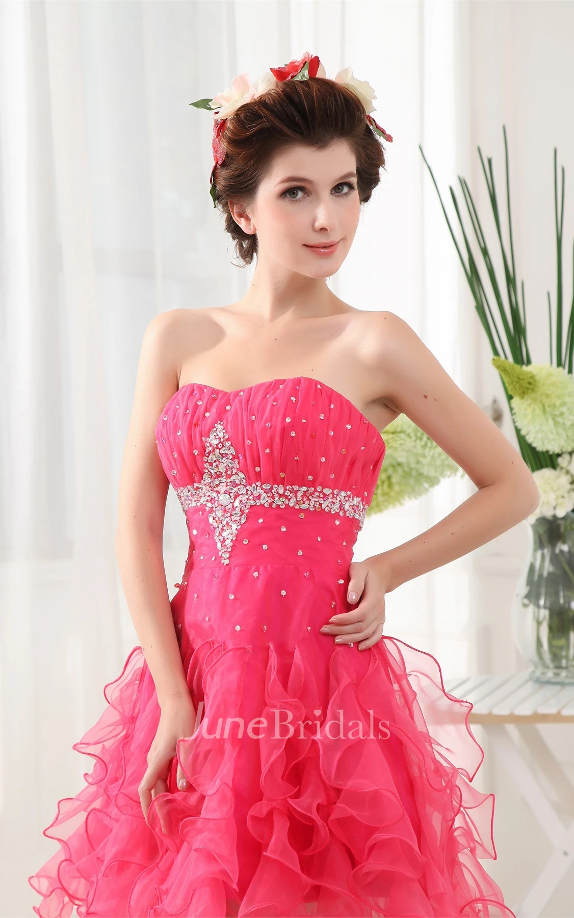 Strapless Mini-Length A-Line Gown with Crystal Detailing and Ruffles