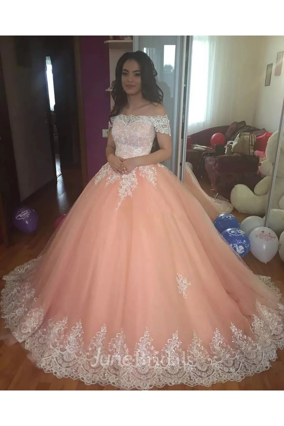 A-Line Off-the-shoulder Short Sleeve Lace Tulle Wedding Dress