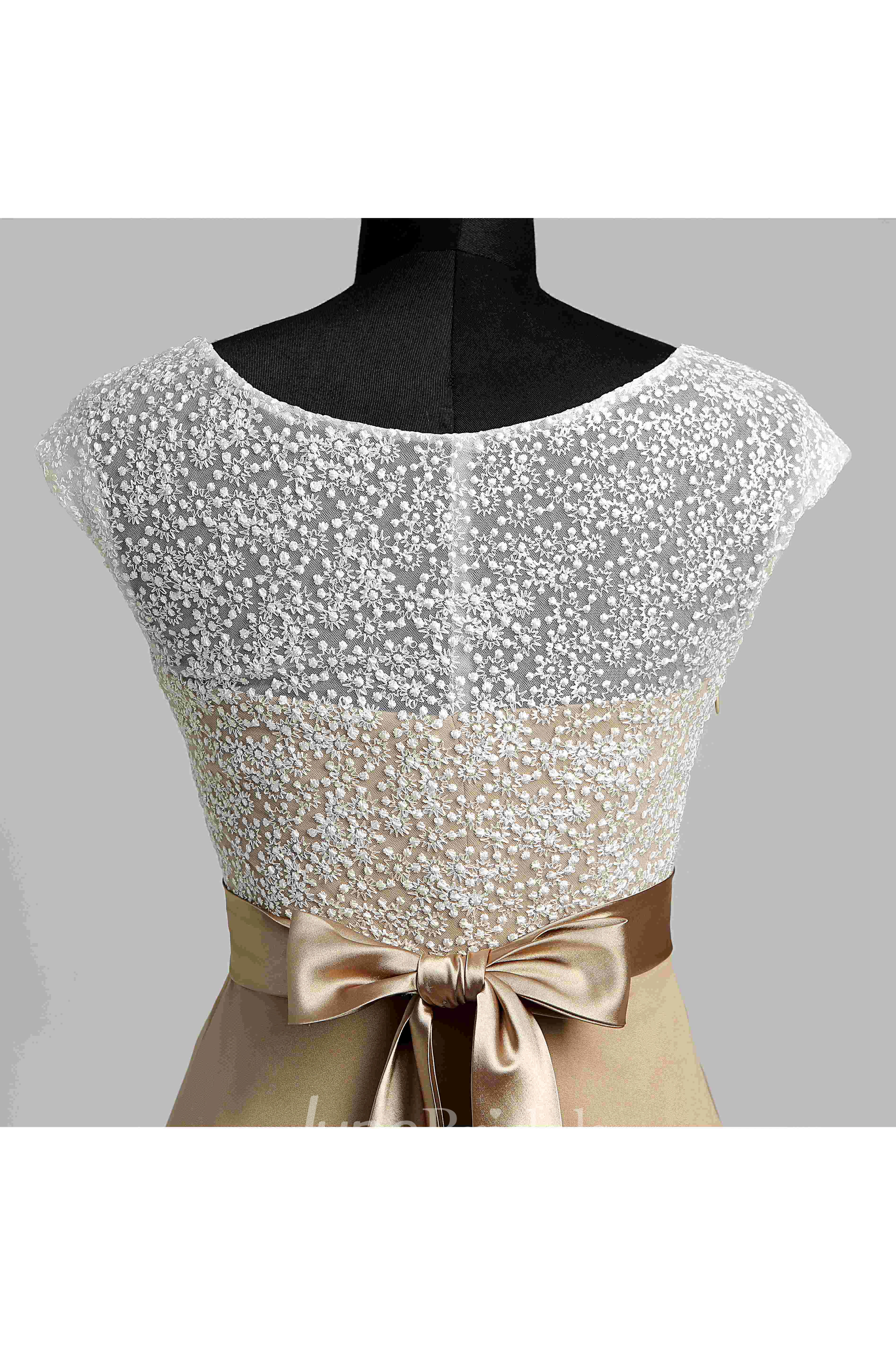 Floor-length A-line Bateau Cap Short Sleeve Illusion Jersey Lace Dress