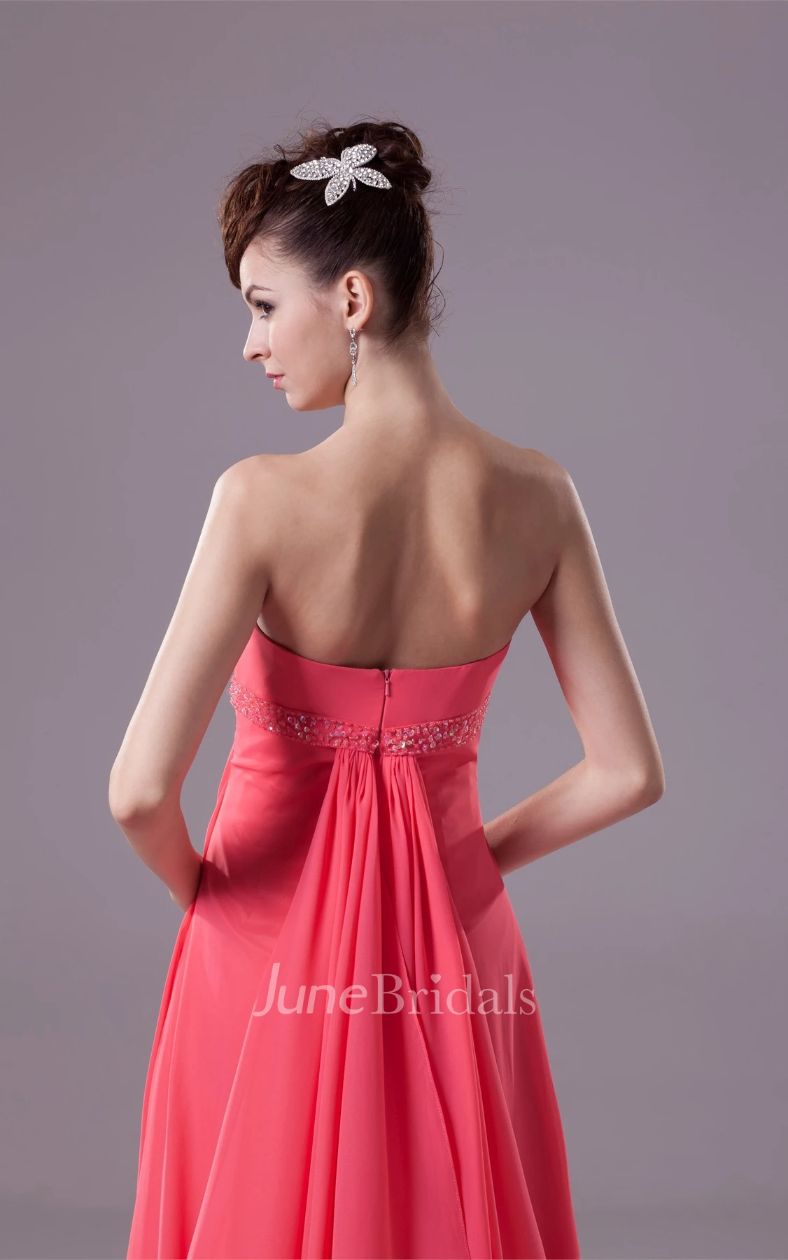 Strapless Central-Ruched Chiffon Maxi Dress with Beading and Empire Waist