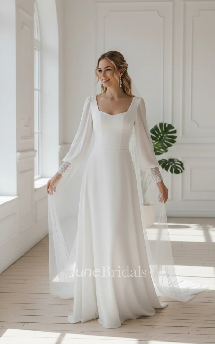Simple Modest Classic A-line Long Poet Sleeve Satin Chiffon Spring Wedding Dress Modern Minimalist Sweetheart Floor Length Bridal Gown