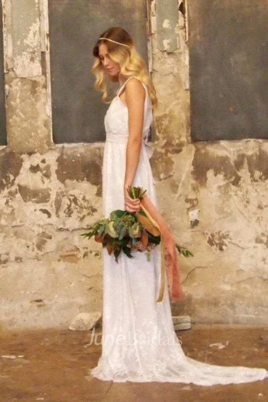 V-Neck Satin Bowed Sash Ribbon Lace Backless Wedding Dress