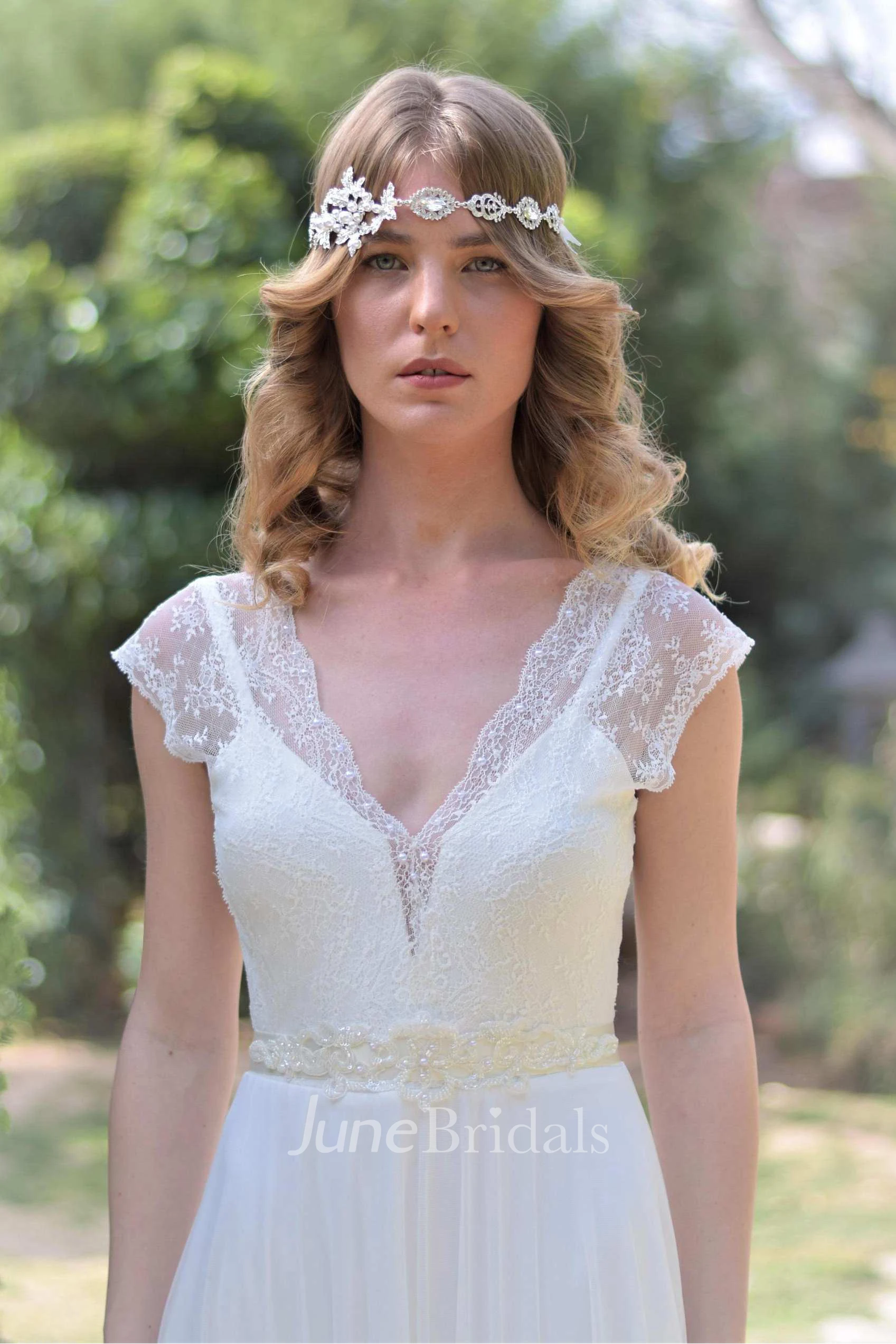 Deep-V-Neck Cap-Sleeve Chiffon Pleated Wedding Dress With Beaded Waist