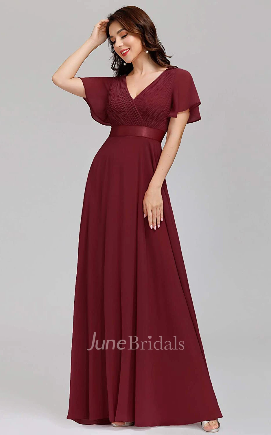A Line V-neck Chiffon Short Sleeve Formal Mother Dress With Ruffles