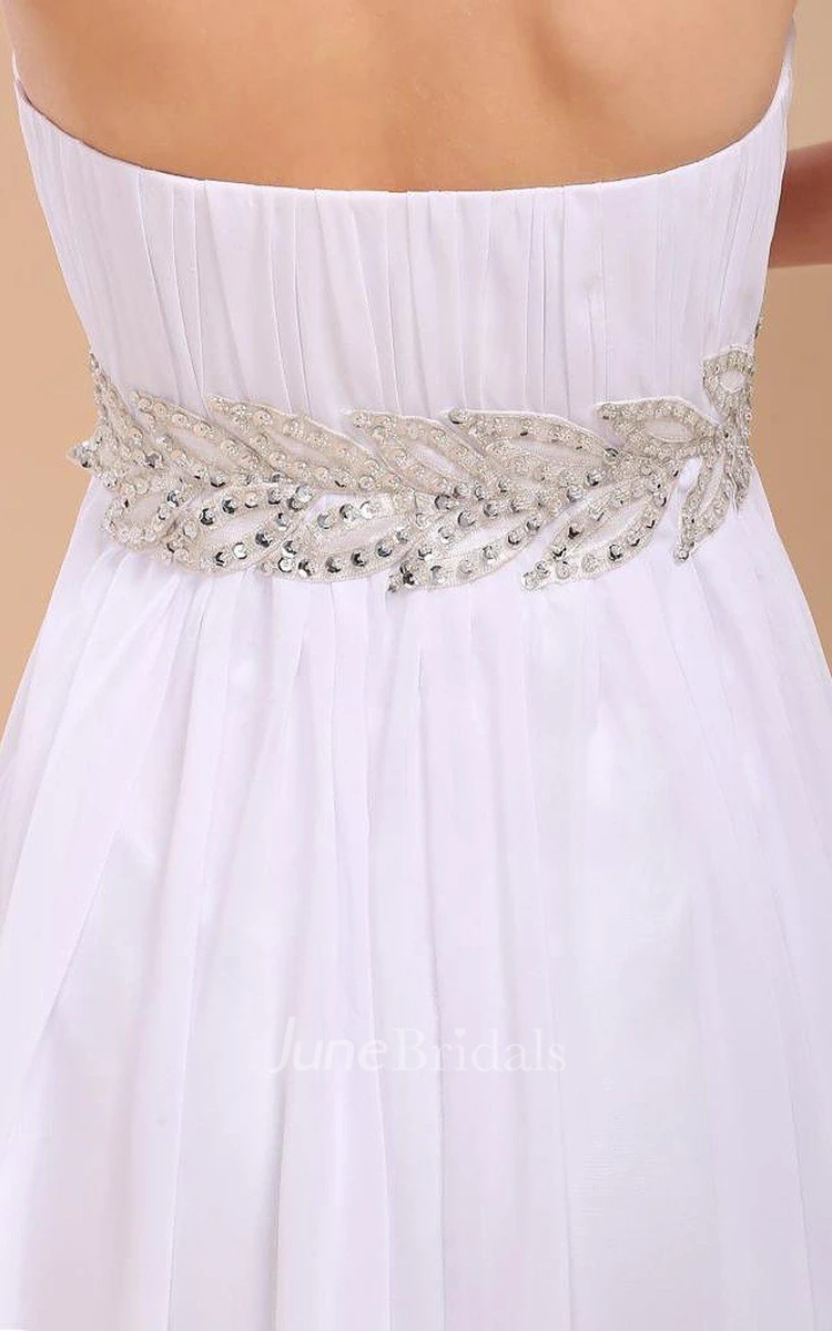 Strapless Chiffon Gown With Empire Waist and Appliques