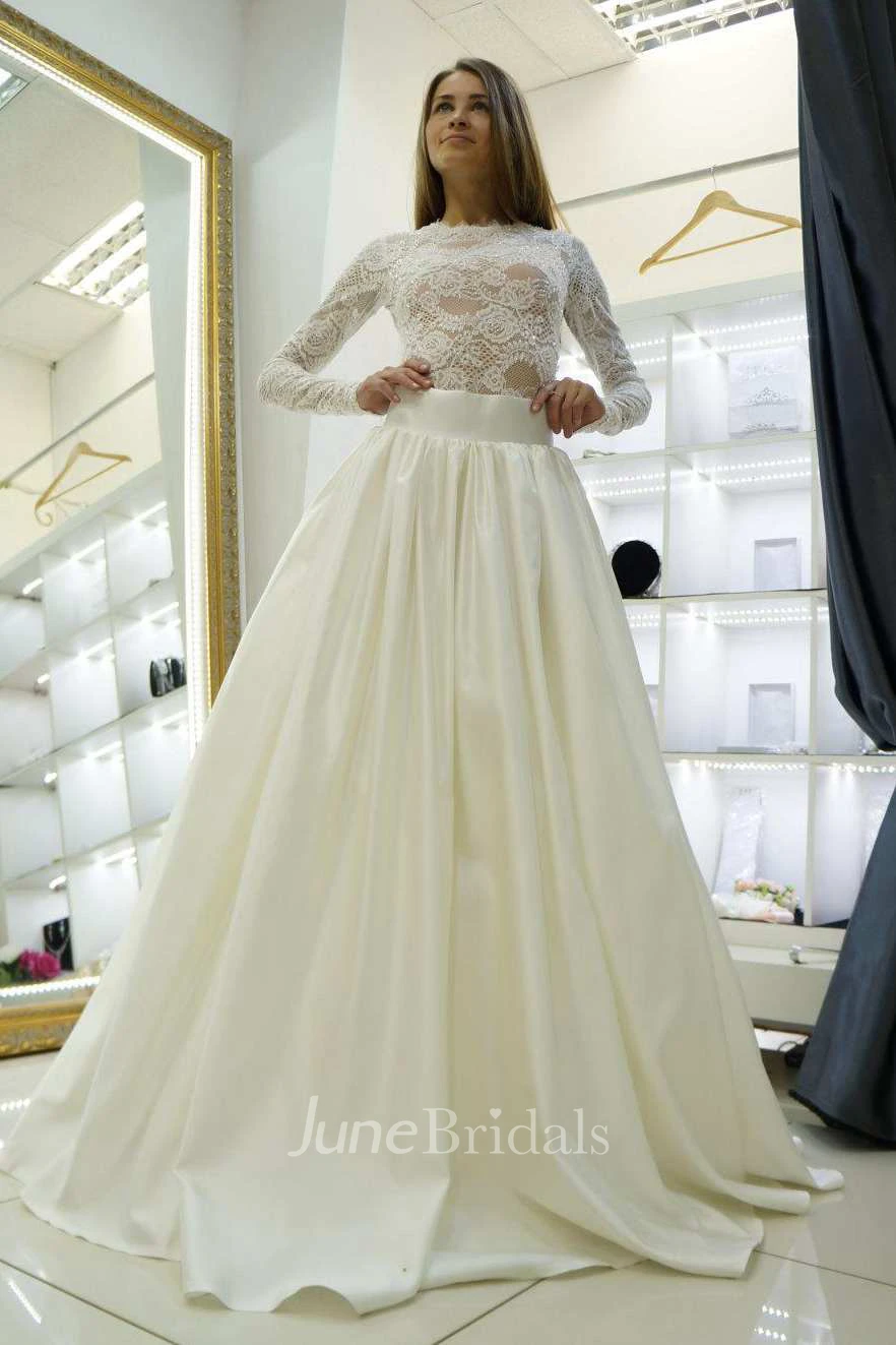 Bateau Lace Appliques A-Line Satin Wedding Dress With Keyhole Back