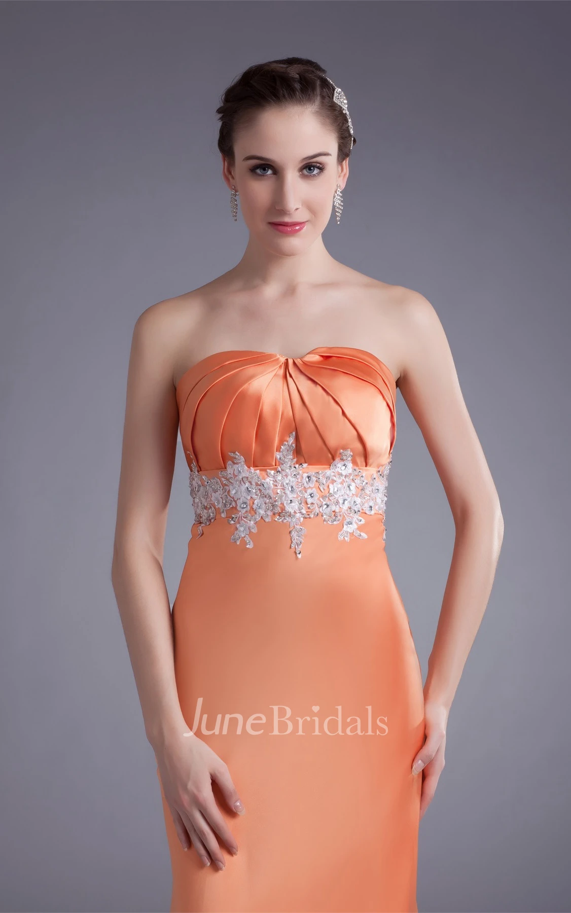 satin sheath strapless dress with appliqued waist