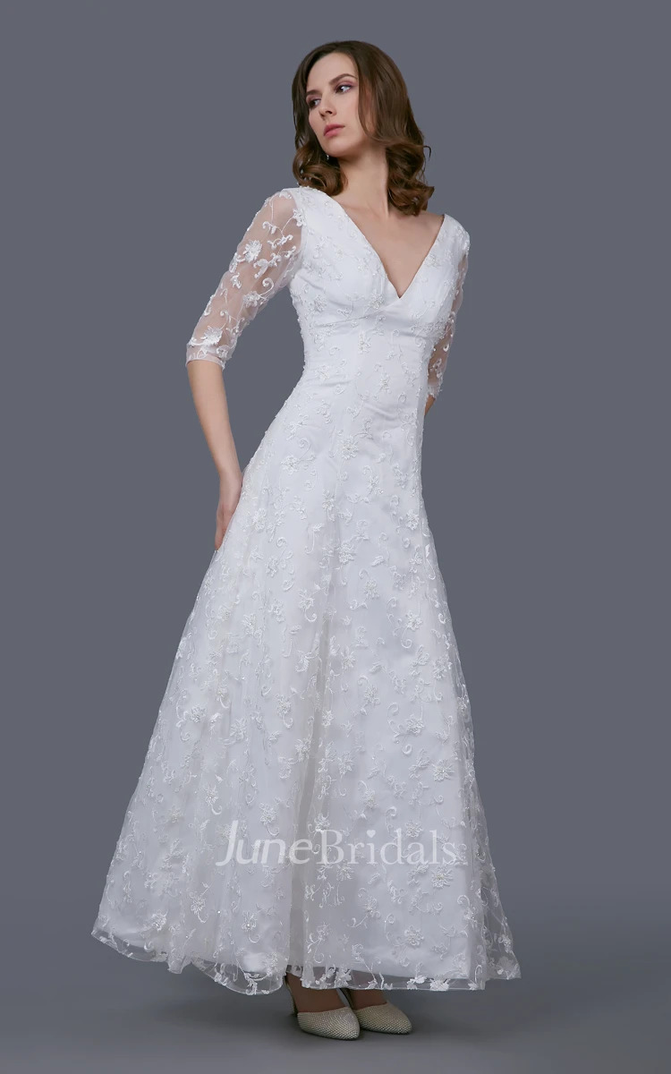 Stunning V-neckline Tea Length Gown With Illusion Sleeve and Embroidery