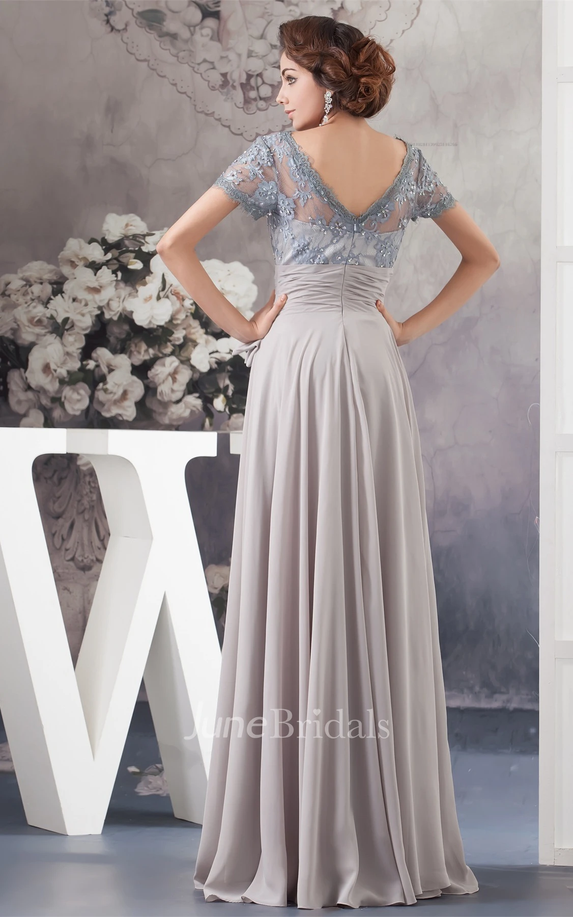 Chiffon Pleated Gown with Bow and Illusion Caped Sleeve