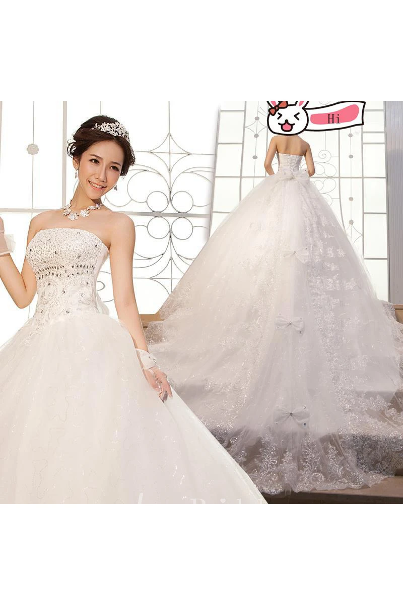 Gorgeous Strapless Beadings Crystal Wedding Dresses Lace-up Tulle Lace Bridal Gown