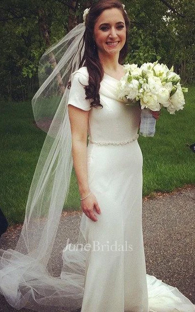 Cowl Short Sleeve Sheath Jersey Wedding Dress With Sash And Button Back