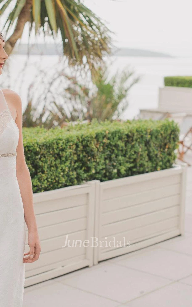 High Neck Sleeveless Lace Sheath Dress With Waist Jewellery