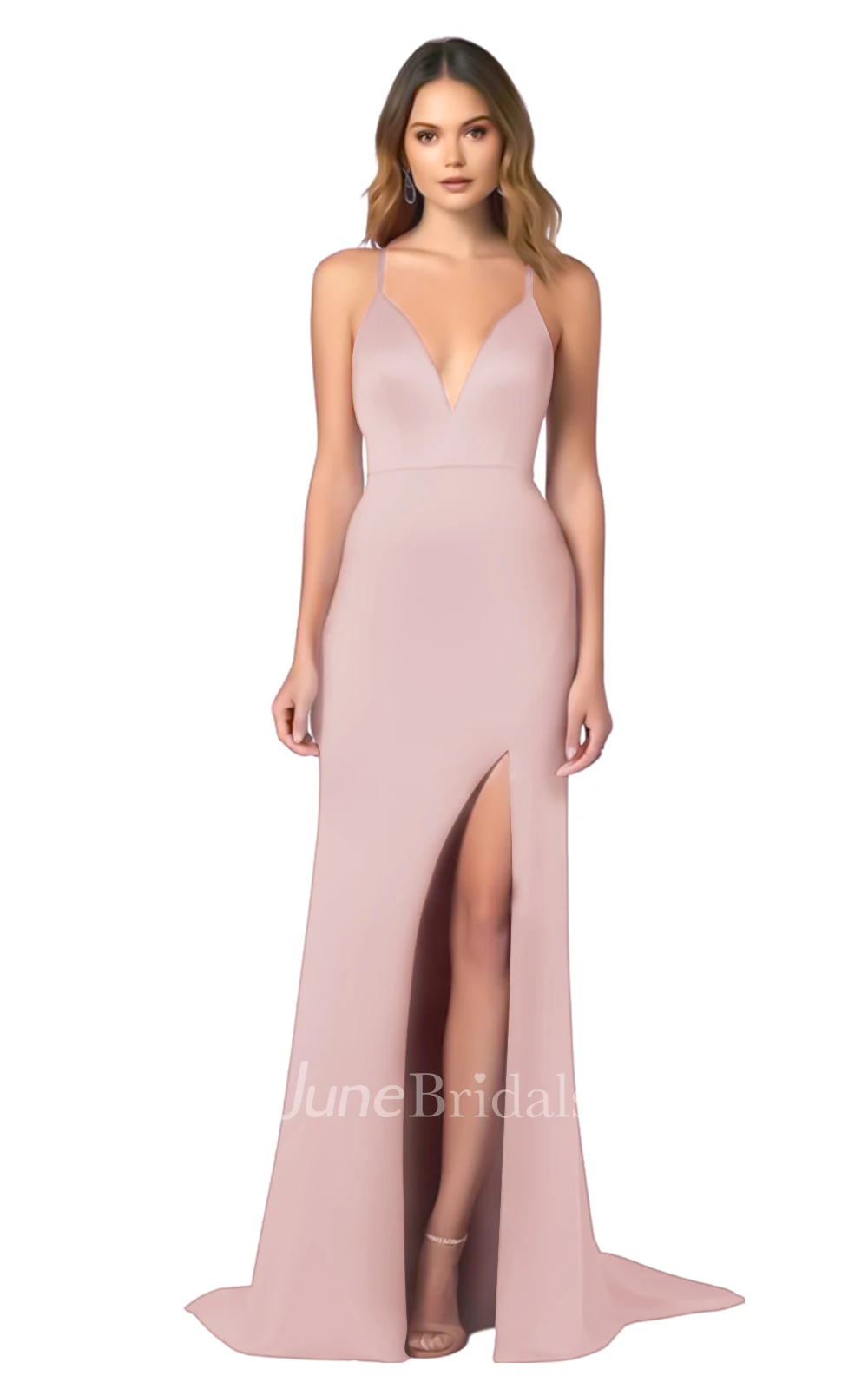 Modern A-Line Spaghetti V-neck Satin Bridesmaid Dress with Split Front