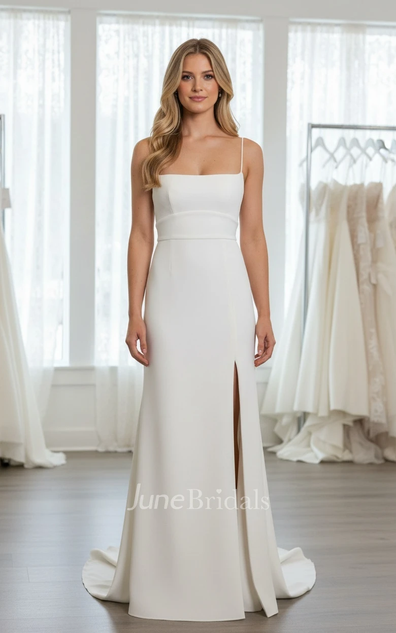 Modern Simple Mermaid Square Neckline Beach Warm Wedding Dress Sexy Flowy Spaghetti Strap Side Split Backless Sleeveless Basque Cut Bodice Bridal Gown