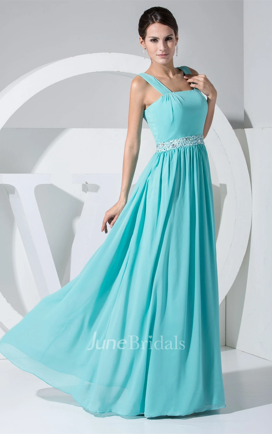 Strapped Chiffon Floor-Length Gown with Pleats and Beaded Waist