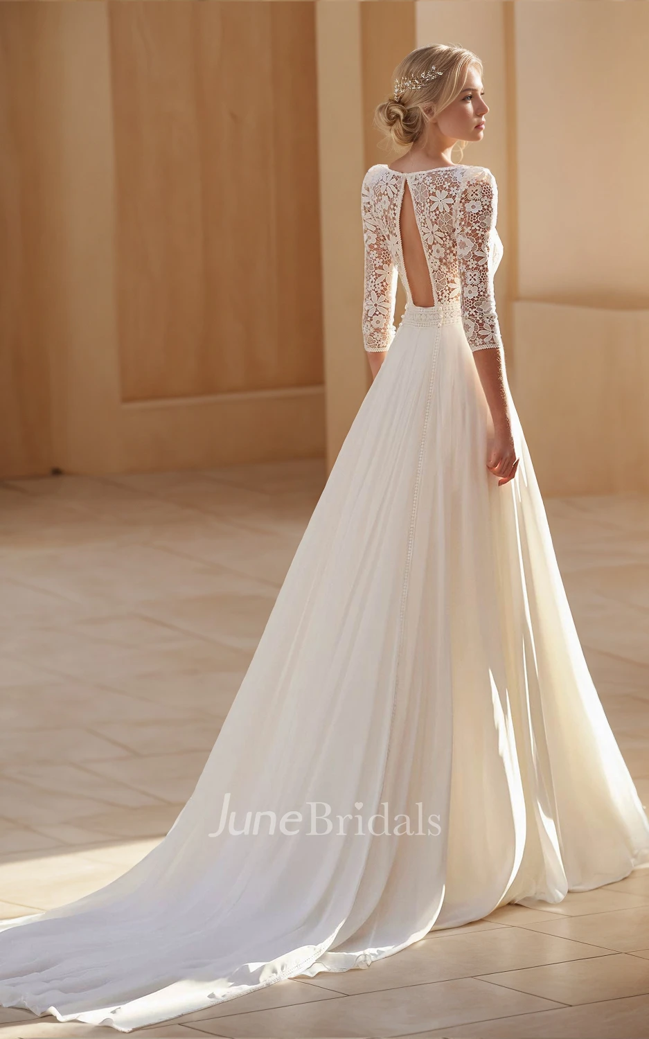 Elegant Vintage Square Neck A-Line Chiffon Lace Warm Wedding Dress Ethereal Romantic Long Sleeve Floor-length Backless Bridal Gown with Sash